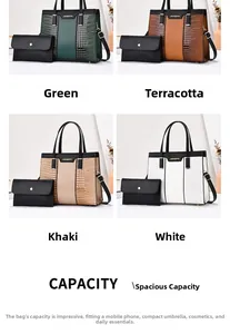 Detailed grid of four elegant handbags in green, yellow, khaki, and white finishes