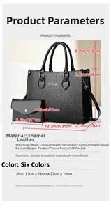 Detailed dimension guide for black faux crocodile leather tote bag with interior pockets
