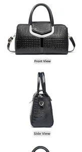 Vues de face et de profil d'un sac à main noir motif crocodile avec décoration en V et bandoulière