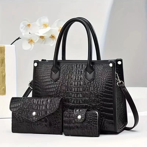 Set borse nere stampa coccodrillo con borsa a mano, pochette e portafoglio coordinati