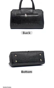 Détails du sac noir texture crocodile avec poche arrière zippée et clous de protection au fond