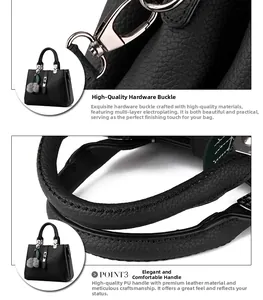 Close-up of durable silver metal hardware and rounded handle on black faux leather handbag