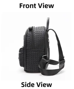 Vue latérale du sac à dos noir tressé pour femme avec fermetures à glissière en métal