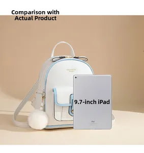 White soft leather backpack compared to a 9.7 inch iPad showing its large capacity