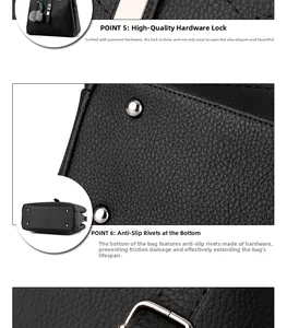 Detail of silver twist lock and anti-slip bottom rivets on black lychee leather handbag