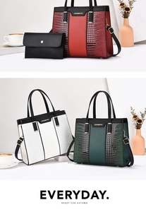 Three-piece tote bag set in burgundy, green and white with crocodile texture details