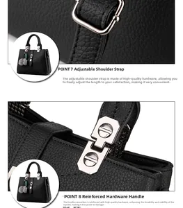 Detail view of adjustable shoulder strap with silver buckle and reinforced handle grip