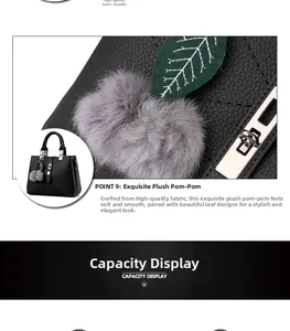 Detail of black pebbled leather handbag featuring quilted stitching and a plush pompom charm