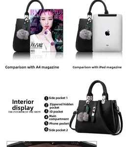 Detailed view of women's black pebble leather handbag with 6 functional compartments