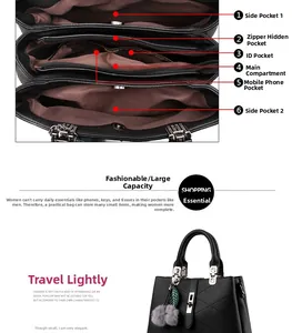 Internal structure of black leather tote bag with multi-compartment storage and gold accents