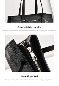 Detail of black crocodile pattern leather bag featuring gold hardware and smooth handle