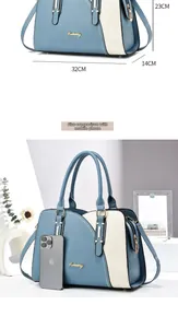 Blue and cream tote bag size guide with 32cm length and phone comparison details