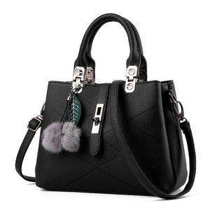 Women Handbag PU Leather Litchi Pattern V-Stitch Shoulder Crossbody Bag With Fur Ball Pendant Elegant Fashion