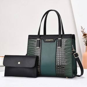 Elegant green and black crocodile texture women's tote bag with matching wallet set