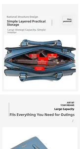 Detail view of large capacity blue handbag showing multi-pocket interior storage structure