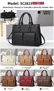 Collage dei colori della borsa tote grande con dettagli su tasche e cerniere lampo