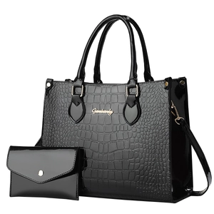 Fashionable black faux crocodile tote bag and matching envelope wallet set for women