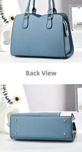Blue faux leather handbag detail showing metal feet, back view, and double handles