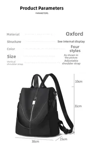 Spécifications de taille pour le sac à dos antivol en nylon noir étanche pour femmes