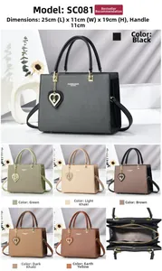 Detailed size specifications and interior multi-compartment view of various color handbags
