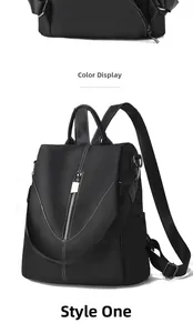 Détails du sac à dos en nylon noir avec coutures contrastées blanches et zip argenté