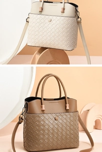 Detail showing woven leather tote bags in cream and dark brown with crossbody strap