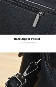 Detail der Reißverschlusstasche hinten und Metallschnalle an schwarzer Lederhandtasche