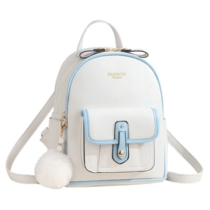 White and blue soft leather backpack for women with bow detail and fluffy ball charm