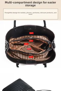 Detail of large woven tote bag interior showing multiple compartments and striped lining