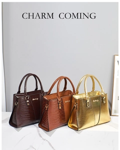 Dreiteiliges Damenhandtaschen-Set in Dunkelbraun, Tan und Gold mit Krokodil-Prägestruktur