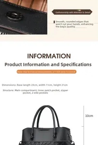 Detail showing the magnetic buckle, woven texture, and dimensions of the black tote bag