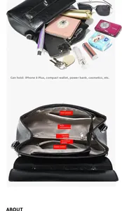 Detail view of large capacity black leather shoulder bag with multiple organized compartments