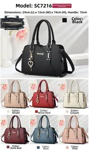 Detailed size chart and multi-color options for this elegant faux leather handbag
