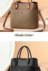 Detail of woven leather texture on khaki and black bucket bags with shoulder straps