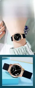 Detail view of GEDI fashion watch with rose gold case and black silicone strap on wrist
