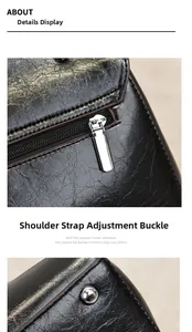 Detail of black cracked leather bag showing silver zipper and adjustable metal buckle