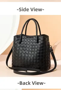 Detailed side and back view showing the intricate woven texture of the black leather tote bag