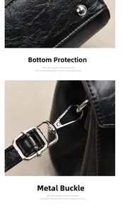 Macro detail of high-quality silver hardware buckles and protective bottom rivets on black leather bag