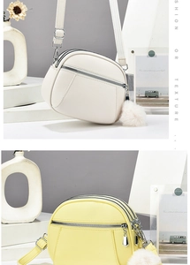 Detail of multi-layer zipper crossbody bags in beige and yellow with litchi texture