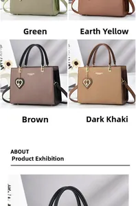 Collage of four stylish PU leather handbags in green, khaki, brown, and dark khaki colors