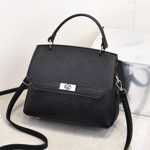 Klassische schwarze Handtasche aus Litschi-Leder für Damen mit silbernem Drehverschluss