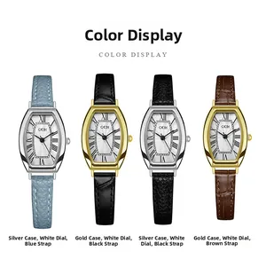 Multiple color options for tonneau-shaped women watches with Roman numerals and leather straps