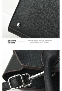 Close-up of black lychee leather bag with bottom metal rivets and strap hardware