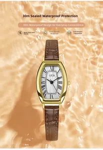 Detail of vintage barrel-shaped gold watch with Roman numerals and waterproof feature