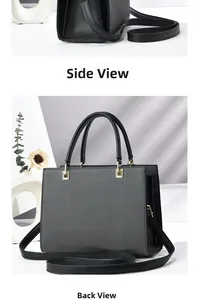 Detailed side and back view of a black textured trapezoid handbag with gold hardware
