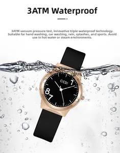 Close-up of GEDI quartz watch submerged in water showing 3ATM water resistance detail