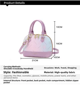 Detailed size chart of gradient purple shell bag with floral embossed PU leather pattern