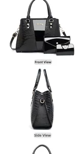 Dreiteiliges schwarzes Handtaschen-Set mit Krokoprägung in Vorder- und Seitenansicht