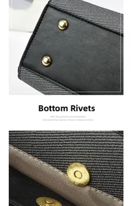 Detail of protective metal bottom rivets and magnetic buckle on contrast handbag