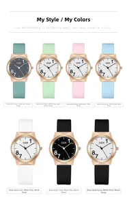 Detailed grid of quartz watches with silicone straps and rose gold cases in seven colors
